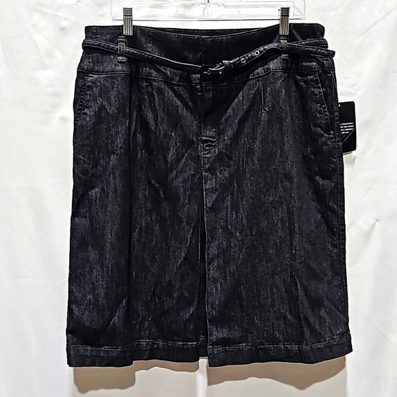 NWT, Axcess, (Liz Claiborne Co),Black Shimmery, Pleated Denim Skirt Sz 16, Belt - Picture 1 of 15